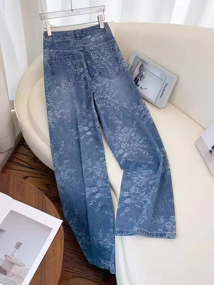 印花直筒牛仔裤女秋季新款显瘦宽松独特设计感阔腿裤子