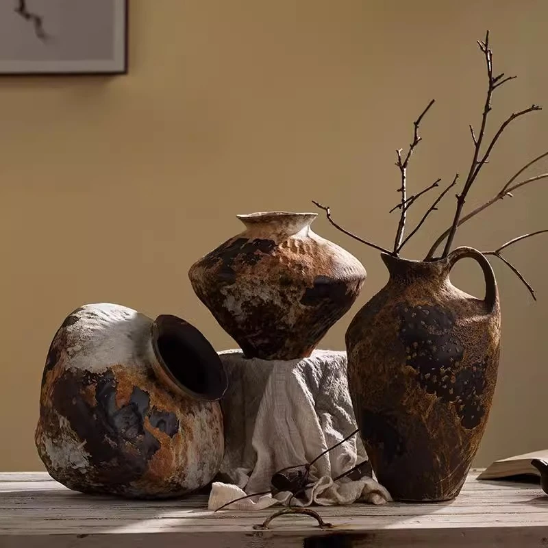 侘寂风陶瓷花瓶台面摆件客厅插花玄关博古架装饰品禅意复古陶罐