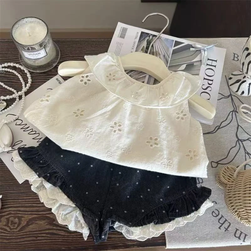 女童韩系套装2025夏蝴蝶结背心无袖上衣牛仔短裤两件套500238