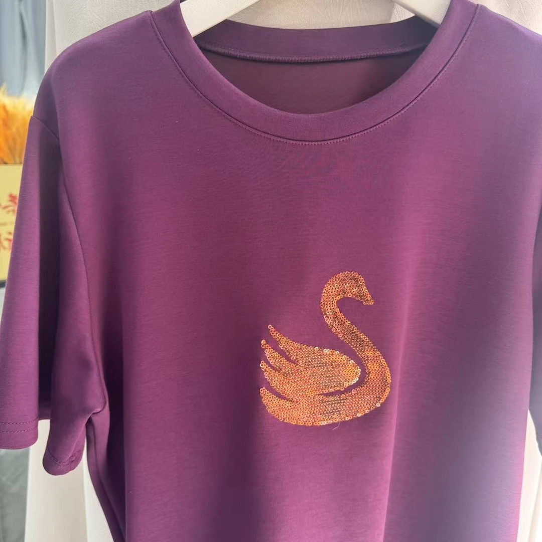 2655 气质亮片圆领中袖宽松显瘦百搭大码女T恤