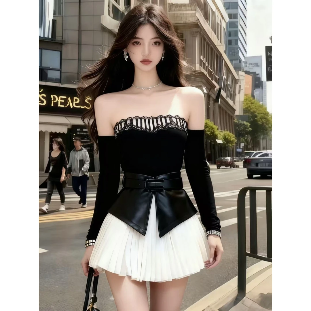 秋冬轻熟风气质黑色一字肩露肩长袖上衣+白色百褶半身裙女两件套
