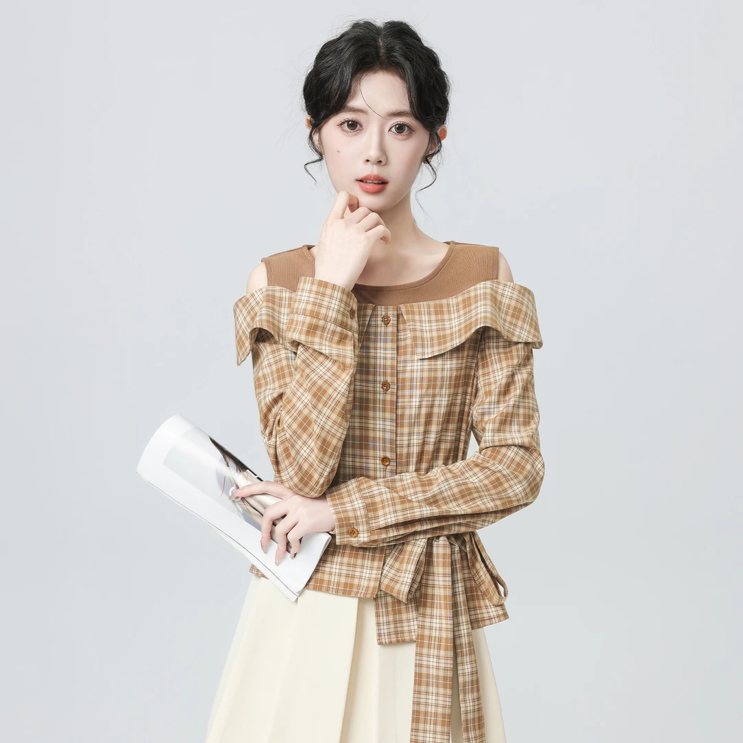 假两件格子长袖衬衫女秋2025春秋新款蝴蝶结绑带拼接露肩衬衣上衣