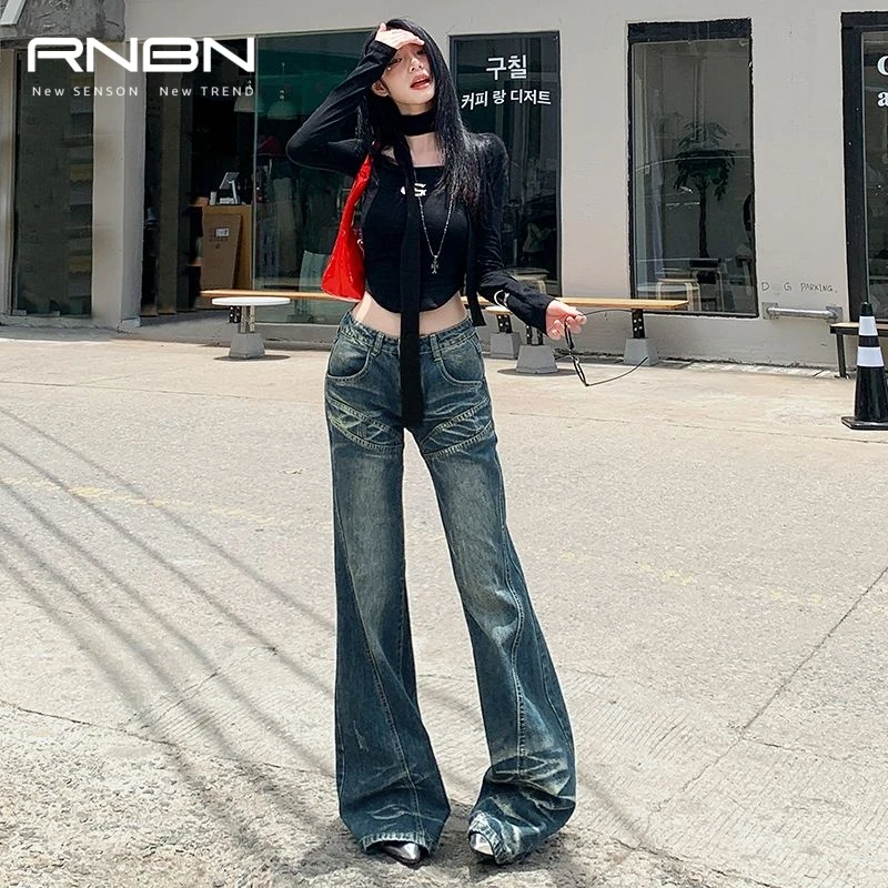 RNBN新款复古微喇叭牛仔裤辣妹显瘦显腿长百搭穿搭休闲阔腿裤