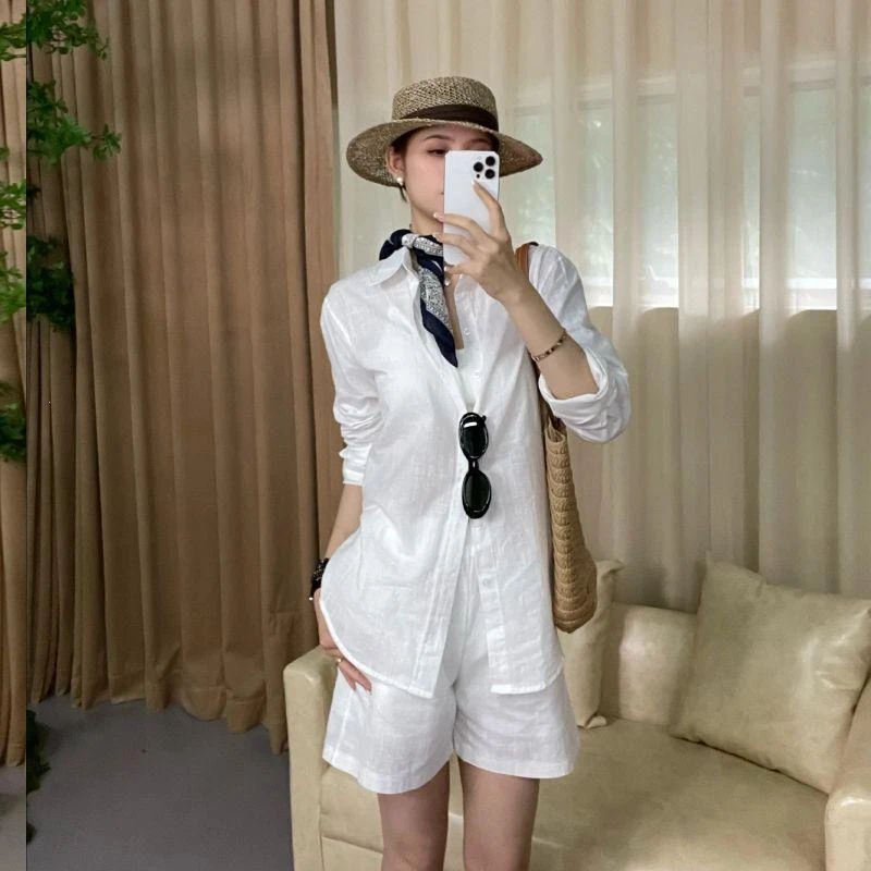 夏季新款老钱感高级中长袖宽松透气防晒衬衫薄款韩版小众棉麻套装