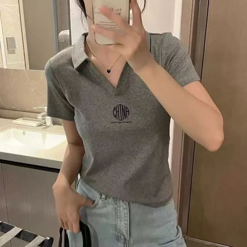 欧货POLO领高级灰短袖女t恤2025新款夏季修身打底衫短款洋气上衣