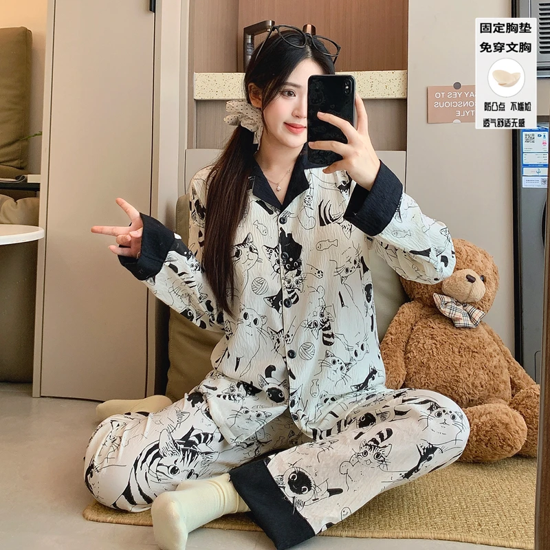 新款秋季云朵棉睡衣女长袖自带胸垫开衫卡通猫咪家居服春秋天套装