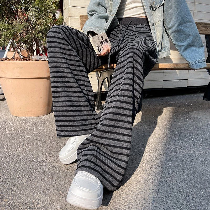 2025新款时尚复古条纹阔腿裤女松紧腰抽绳高腰显瘦直筒休闲长裤子