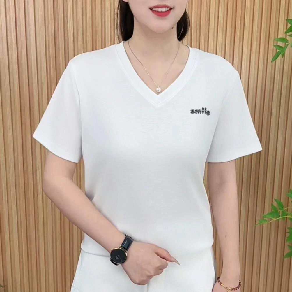 203白色夏季V领短袖抗起球T恤韩版短袖t恤时尚洋气女短袖T恤女士