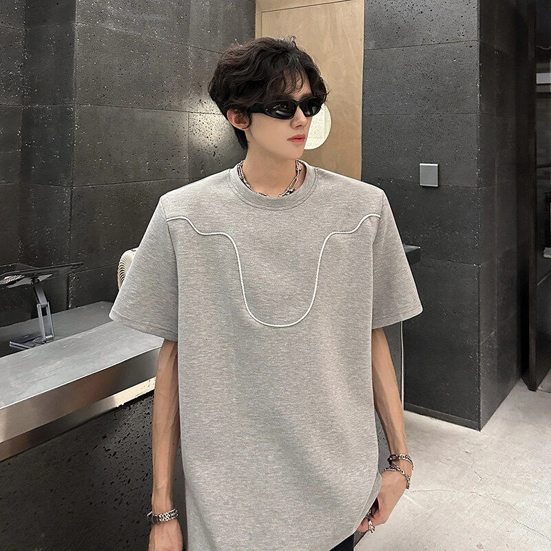 夏季高级感解构线条设计感垫肩短袖T恤男潮牌小众重磅痞帅半袖t恤