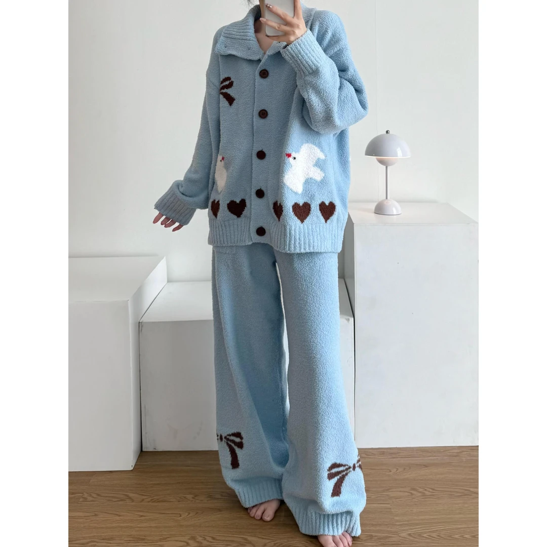 温柔蓝色慵懒风针织半边绒可外穿睡衣家居服女秋冬款保暖长裤套装