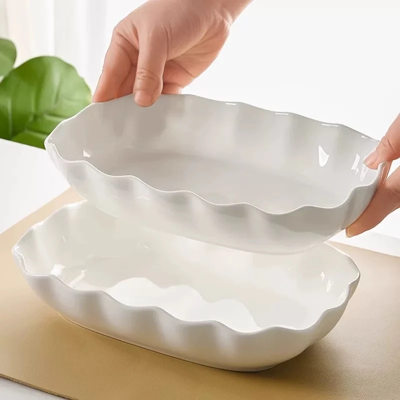 景德镇纯白骨瓷荷叶边鱼盘家用轻奢洋气多功能餐盘沙拉碗挣鱼盘