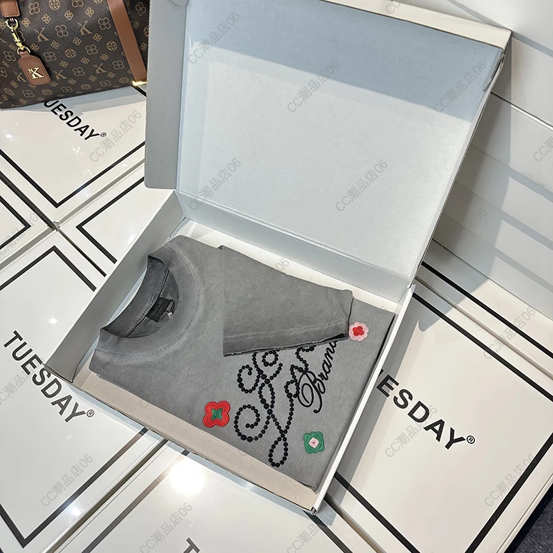 24号【花朵刺绣-短袖】重磅纯棉潮牌欧版宽松重工圆领半袖上衣8862