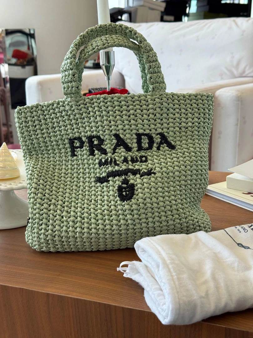 95新 Prada/普拉达 水绿色编织小托特包70821892