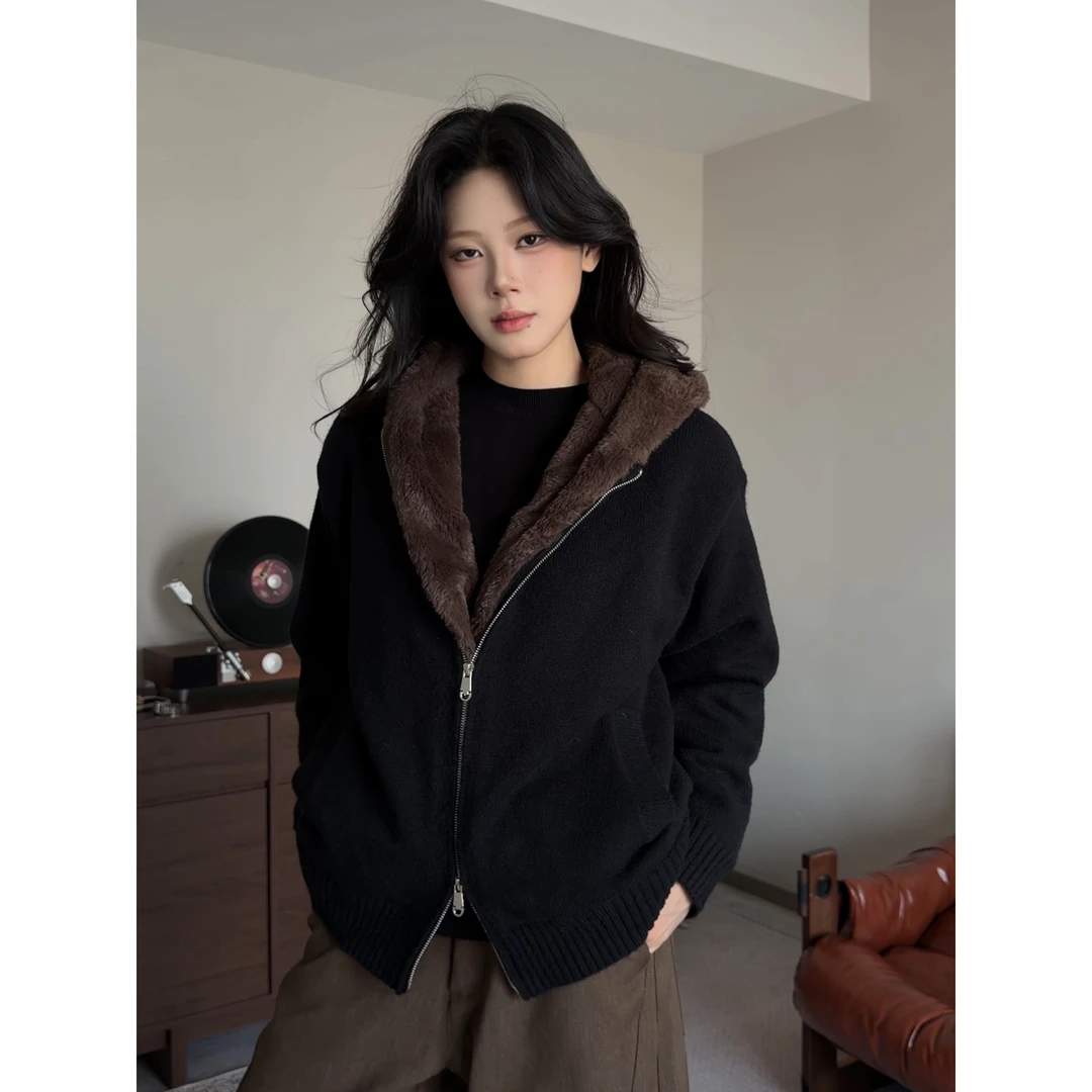 MAYU 座山雕 秋冬毛绒感连帽毛衣外套