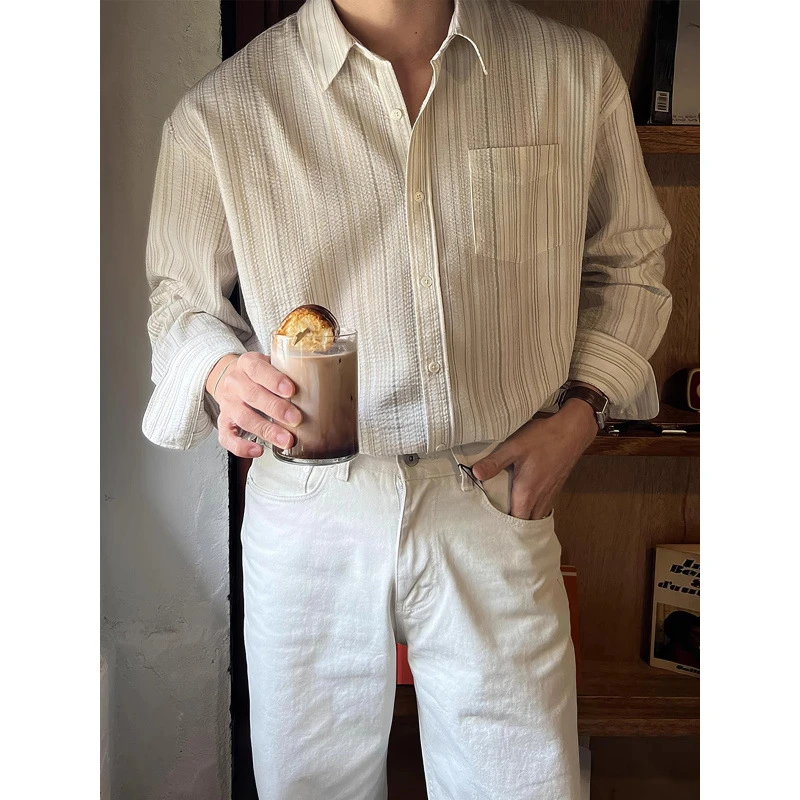 【Rich】条纹长袖衬衫男士早秋韩版高品质纹理感小众设计休闲免烫垂