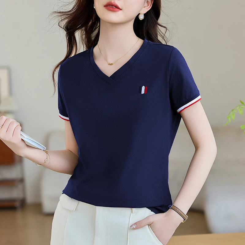 纯色领短袖恤女2025新款夏季爆款修身显瘦女装正肩半袖洋气上衣
