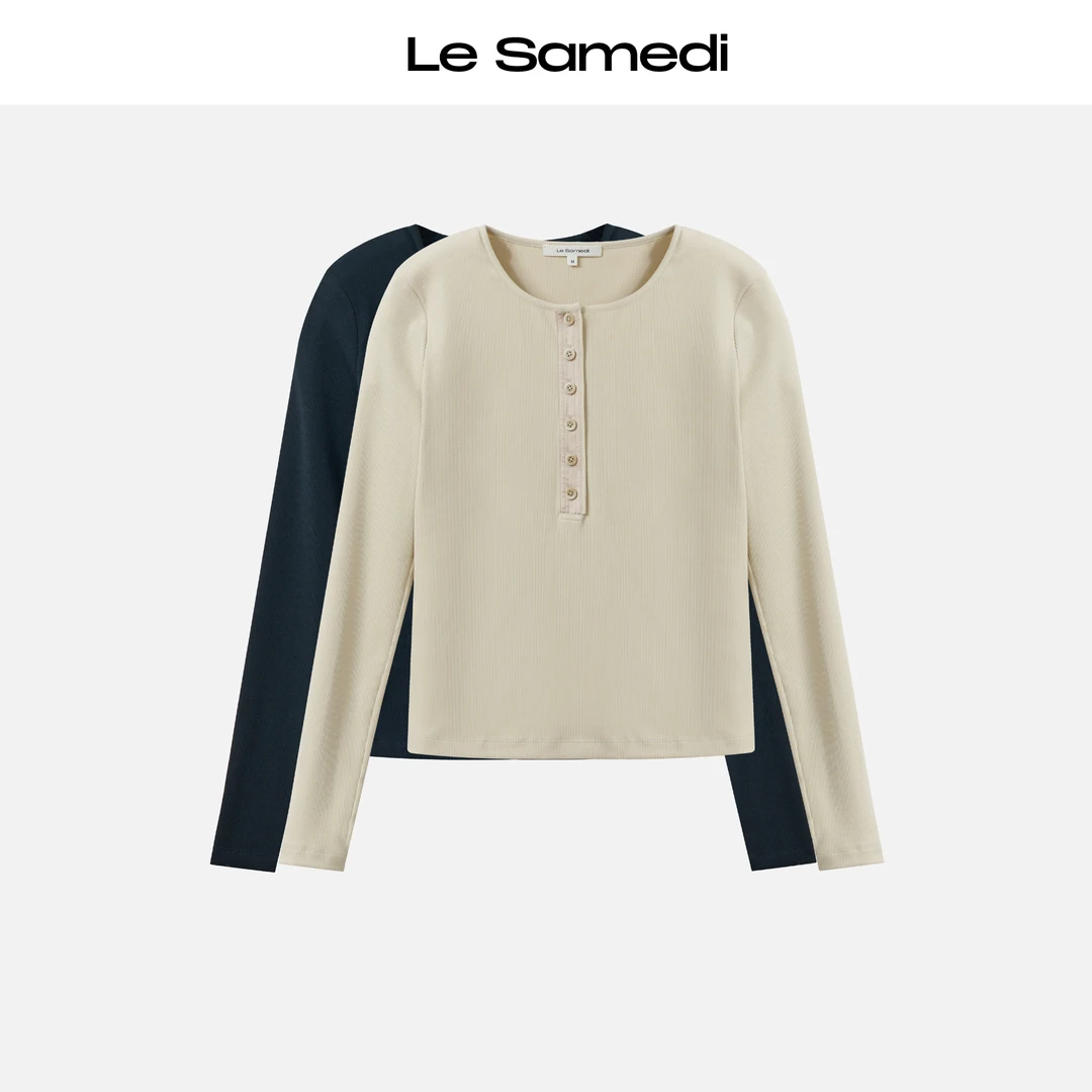 Le Samedi【汉白亨利】SPORTY 坑条缎面拼接纽扣亨利领长袖