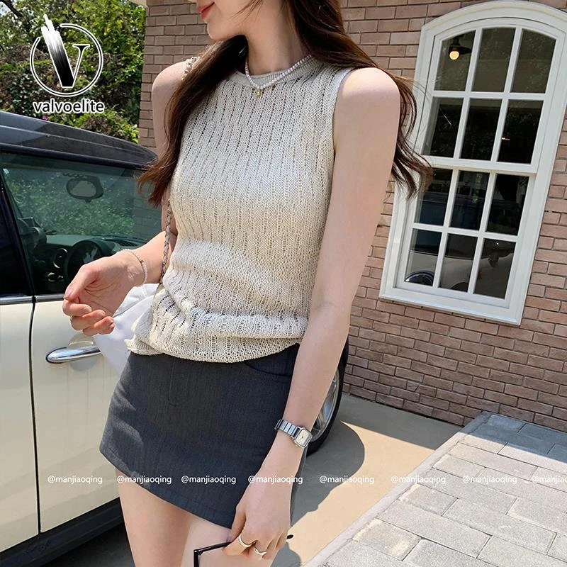 VALVOELITE独特超好看镂空微透圆领针织背心女夏季新款不规则上衣
