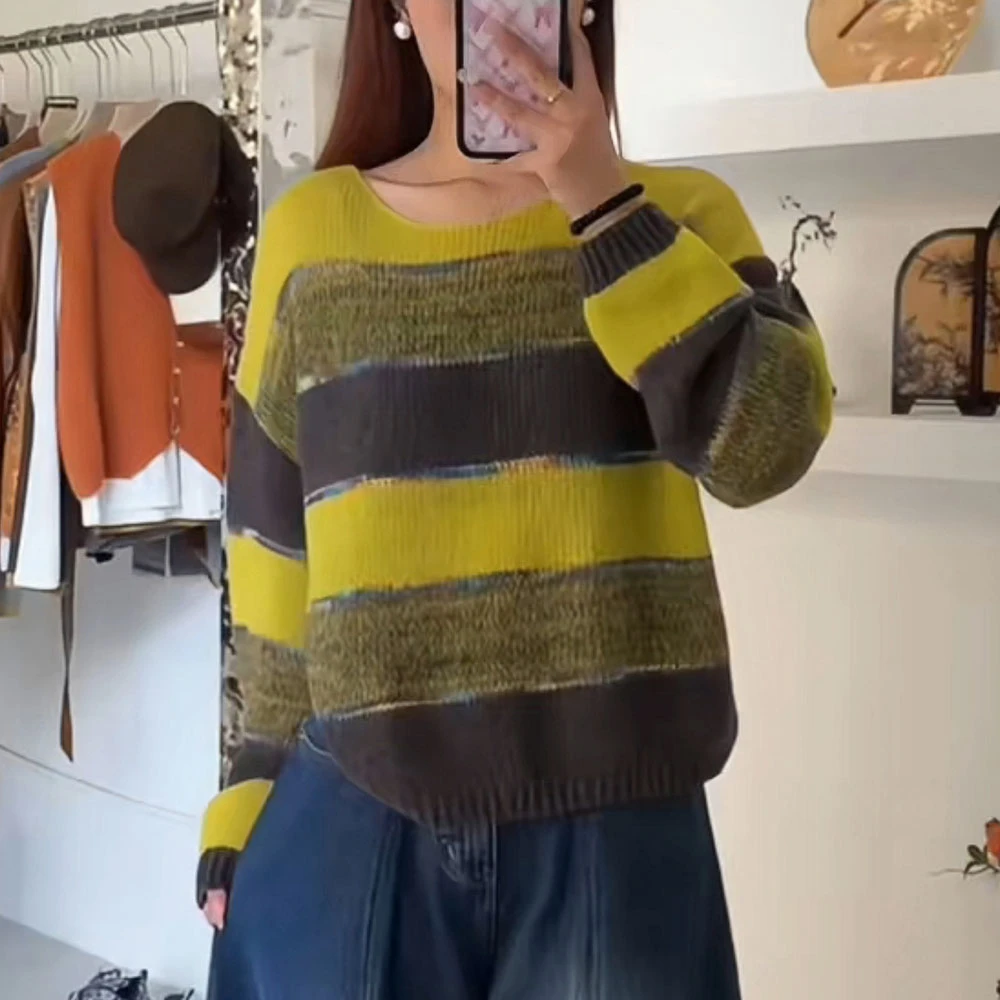 秋冬女条纹长袖针织衫宽松慵懒风软糯洋气减龄显瘦打底毛衣上衣