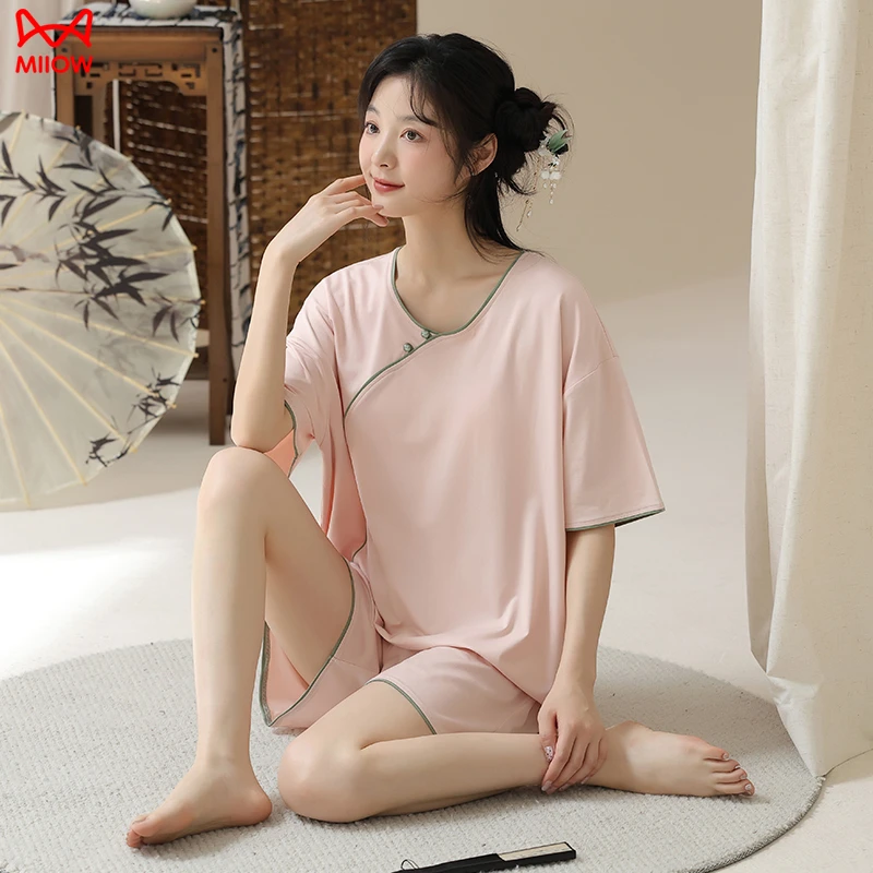 MIIOW/猫人新中式女款夏季凉感冰丝短袖短裤睡衣女款爆款2025新款