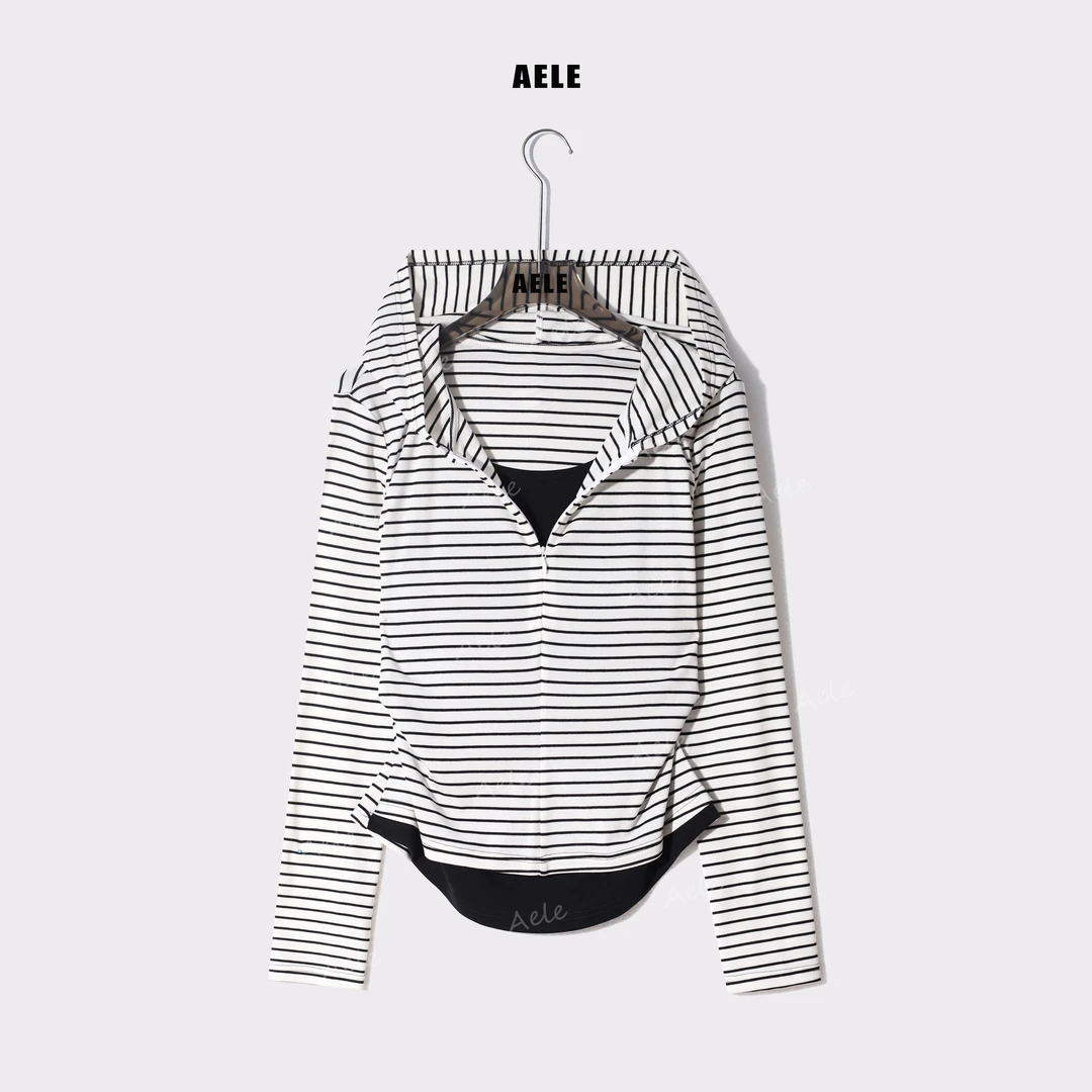 AELE减龄假两件条纹显瘦拼接长袖上衣 百搭针织衫 V853 2320 AD