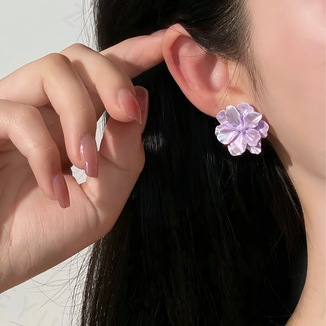非金属树脂耳饰 「紫槿」露丝同款紫色奶油花朵耳钉法式气质文艺
