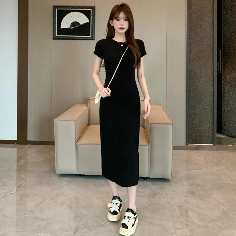 黑色连衣裙夏季女气质长裙2025新款裙子开叉收腰褶皱显瘦包臀裙子
