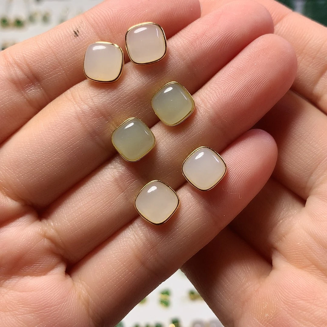 银S925镀金镶嵌和田玉（青白玉）耳饰