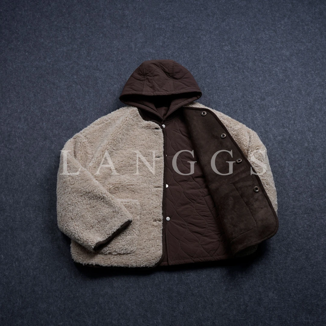 LANGGS&鸣谷 摩卡暖棕【四穿】仿麂皮羊羔绒真两件外套-FW54109