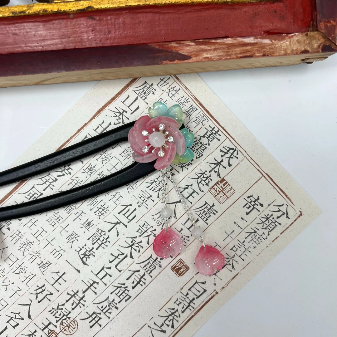M166【粉樱】饰逅15CM国风新中式粉色琉璃花手工流苏盘发发簪发钗