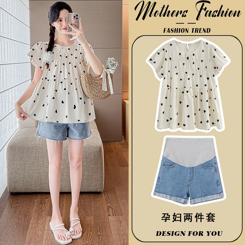孕妇套装夏季2025新款法式减龄爱心短袖衬衫褶皱上衣短裤两件套女