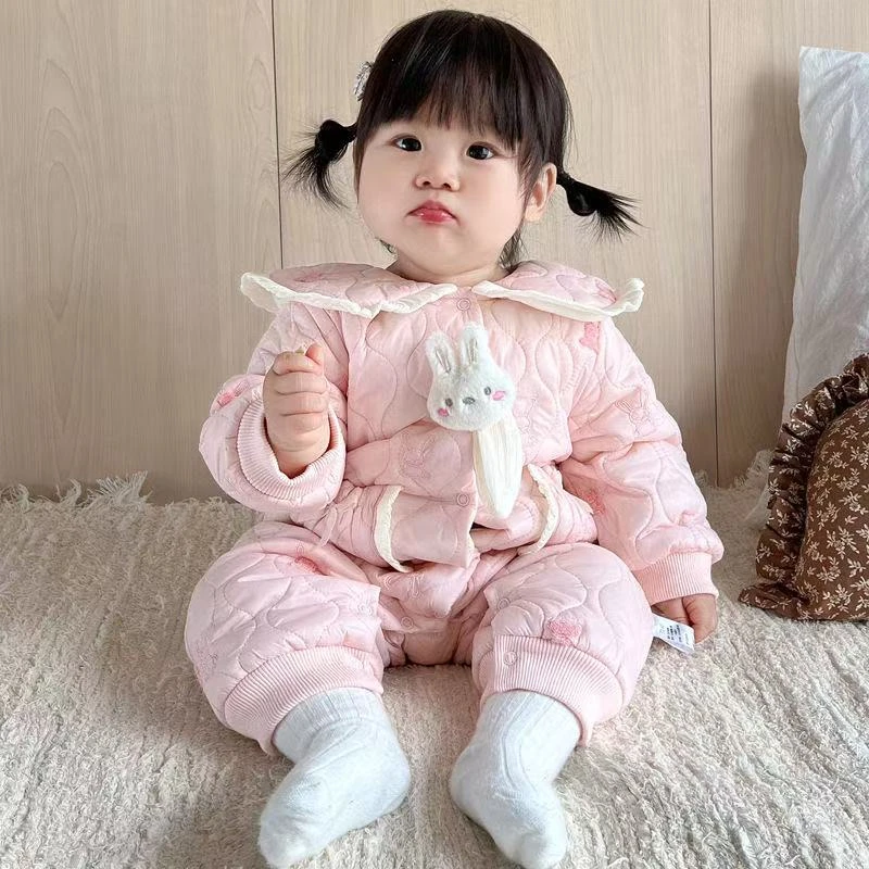 婴幼儿秋冬薄棉加绒女宝宝兔耳朵保暖连体衣婴儿新生儿