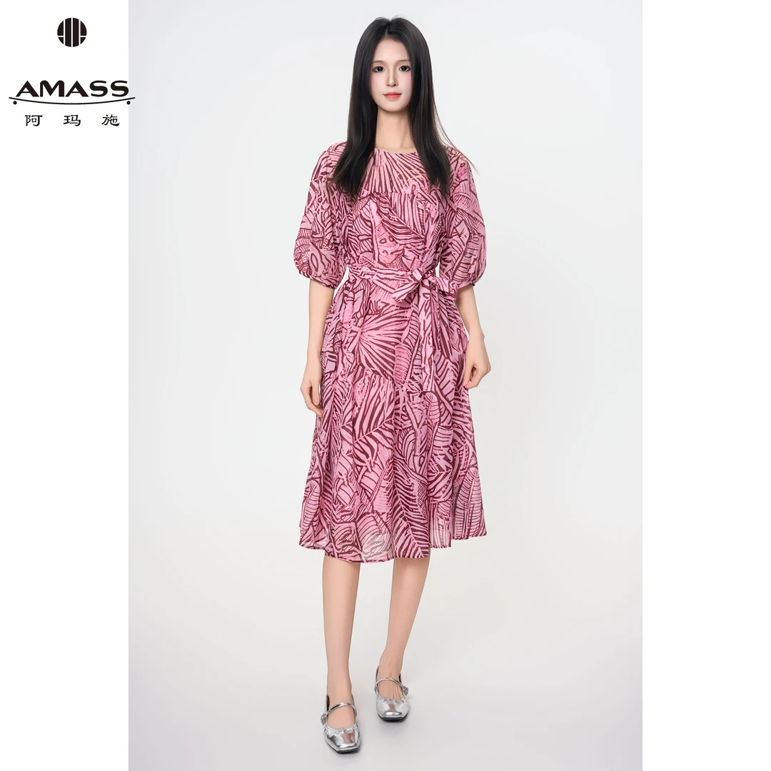 AMASS/阿玛施春夏新款时尚气质印花系带连衣裙-附内搭 腰带550038
