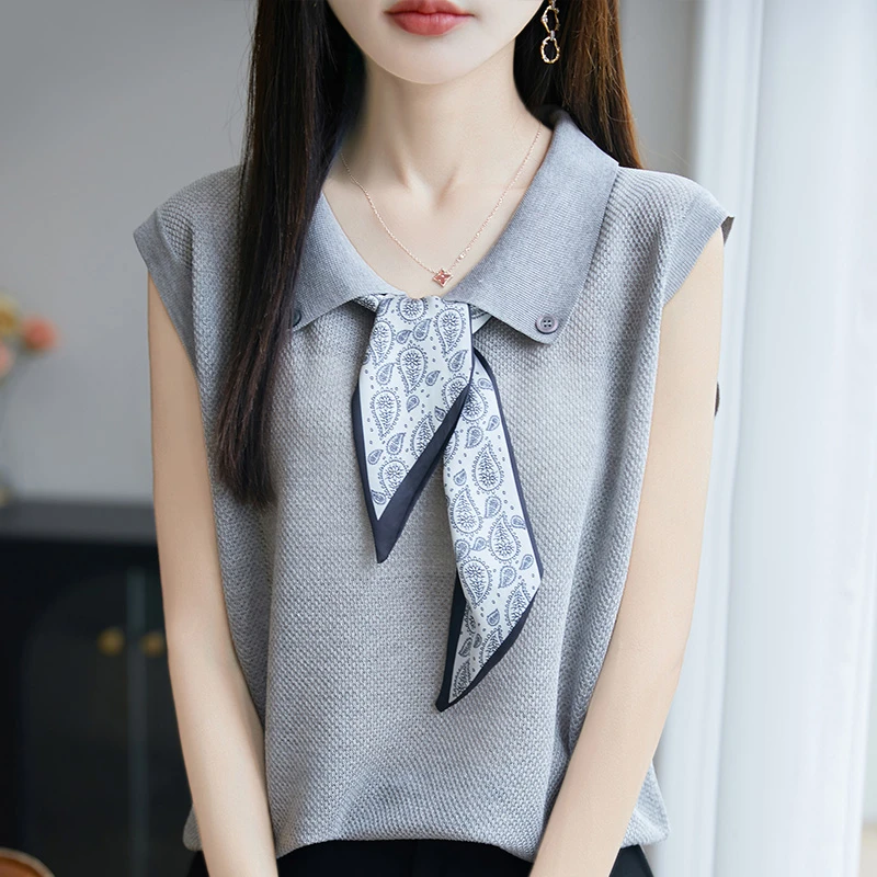 无袖针织上衣女2025夏季新款欧货女装翻领丝巾针织背心时尚T恤衫