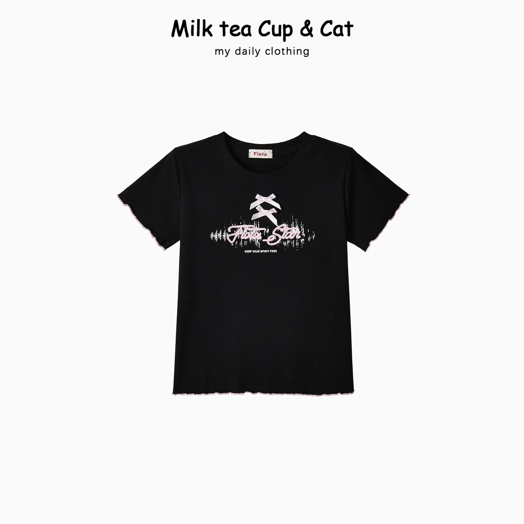 【现货】简约字母刺绣立体蝴蝶结印花百搭气质修身正肩短袖T恤上衣