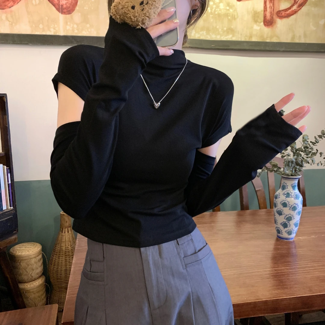2025早秋新款小衫半高领断袖设计感修身内搭长袖T恤女装螺纹上衣