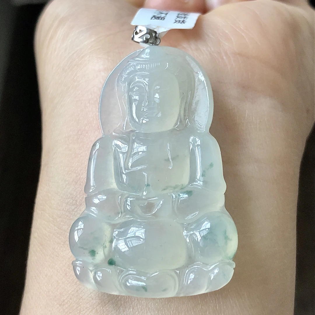 缅甸天然A货翡翠18k金镶嵌老坑冰种飘花观音吊坠尺寸43.4/29/6