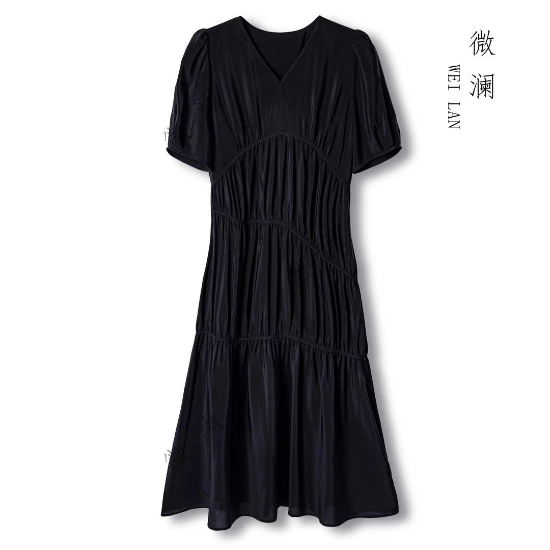 【黑天鹅】春夏优雅气质时尚黑色桑蚕丝女士长款连衣裙DL5203-1