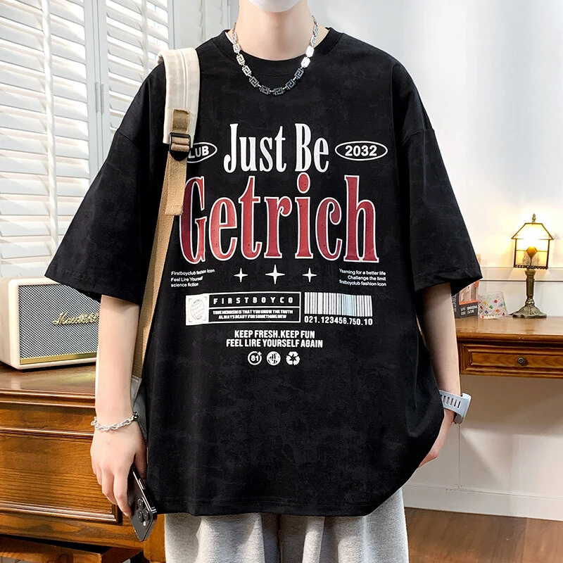 青少年学生夏新款圆领港风印花夏季宽松百搭五分袖时尚短袖T恤男