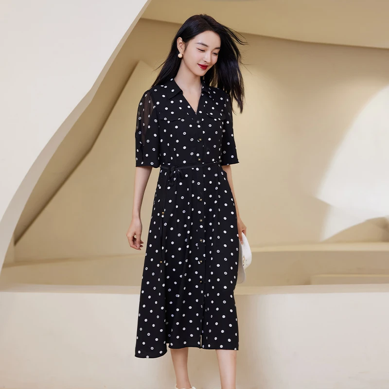 EMOO/杨门黑色法式波点印花长裙雪纺连衣裙套头短袖V领E24L026027