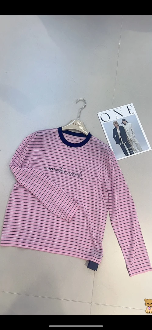 【滨海名都专属】时尚拼色圆领字母宽松百搭条纹长袖T恤