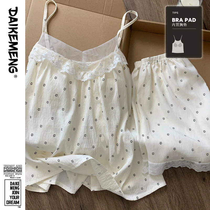 夏日田园风碎花吊带睡衣女带胸垫甜美可爱少女感家居服纯欲风套装