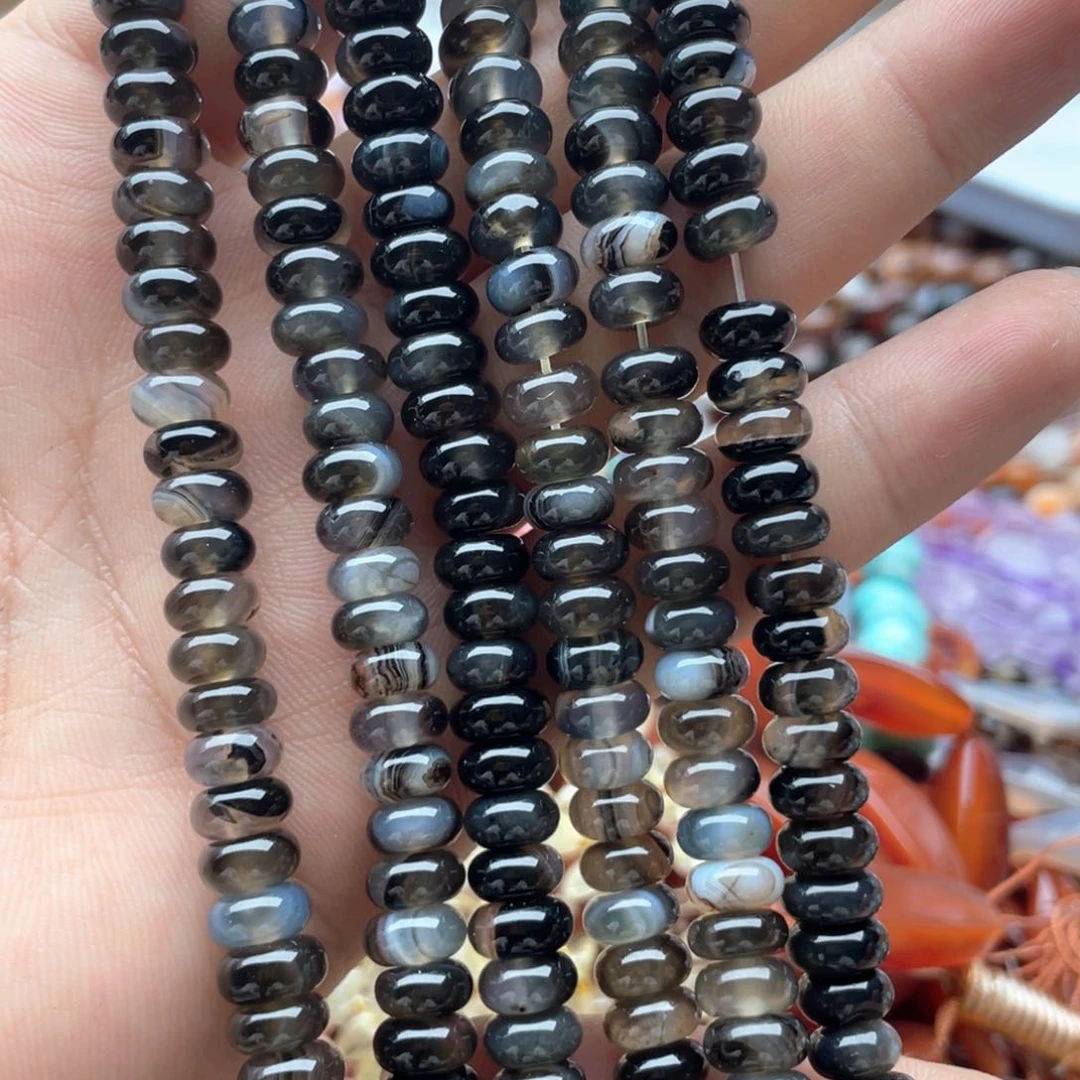 玛瑙/玉髓未镶嵌珠宝半成品一条装黑灰缠丝玛瑙算盘珠卡8mm
