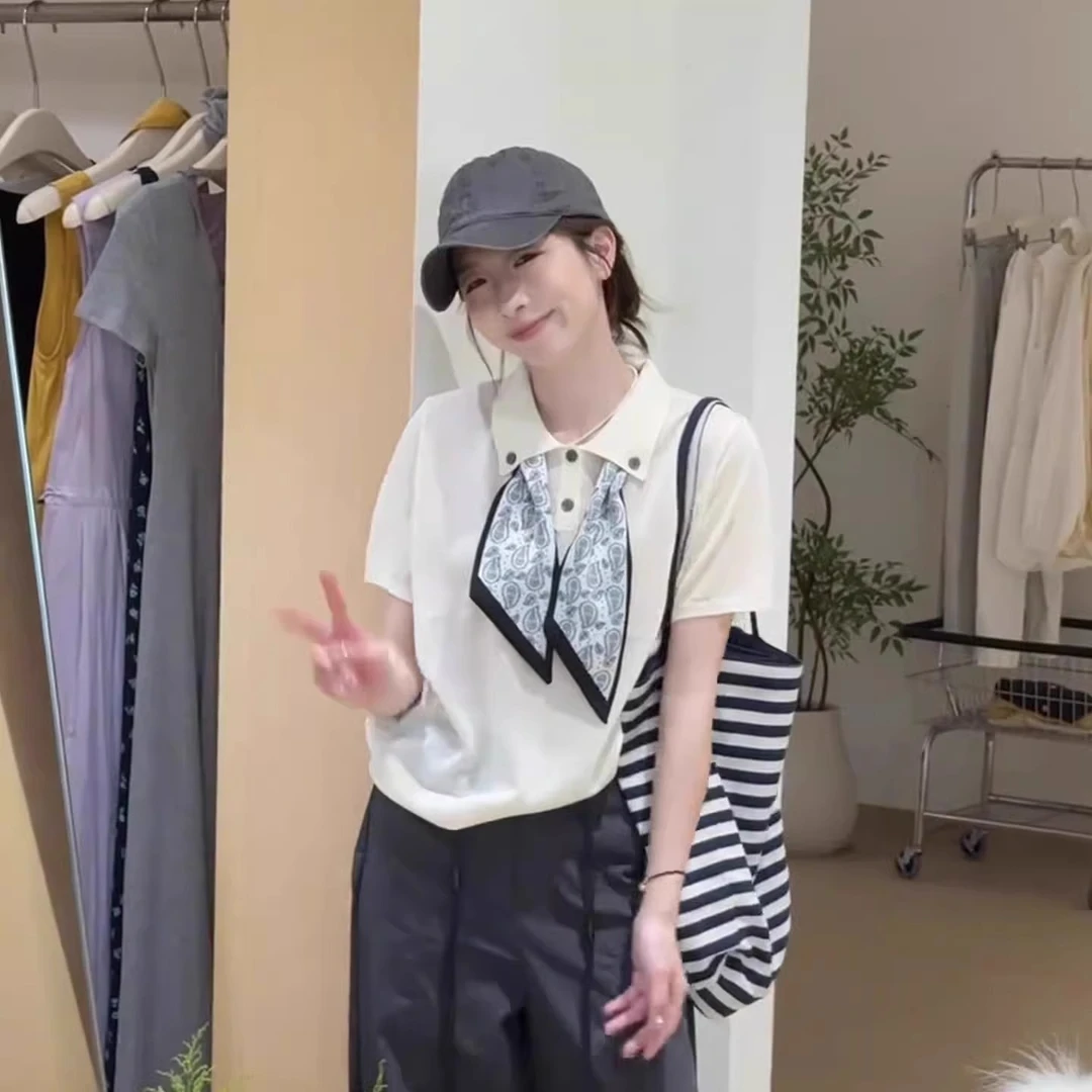 韩系气质白色丝巾翻领冰丝针织短袖t恤女夏季宽松polo衫正肩上衣