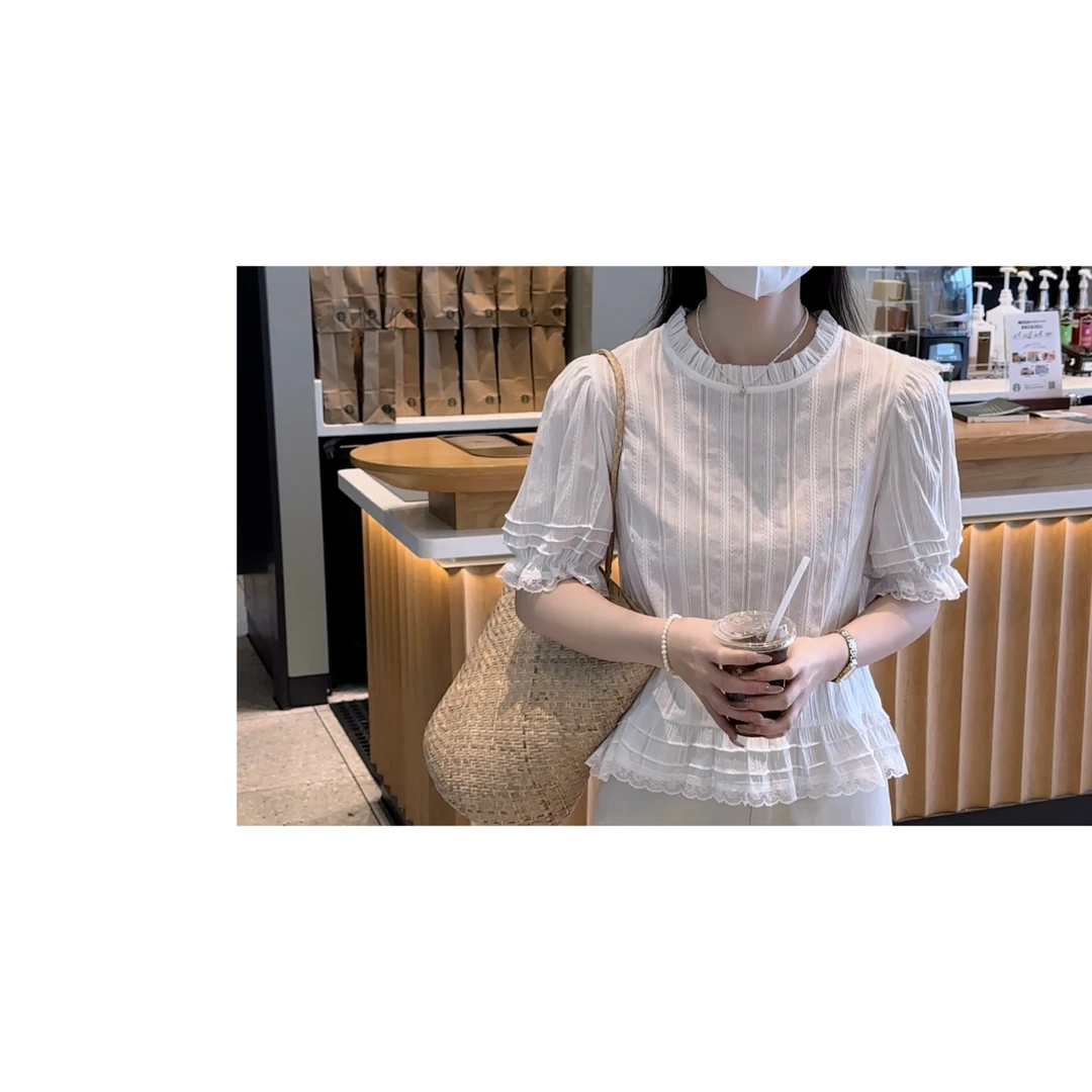 BK 夏季甜美风短款泡泡袖木耳边上衣衬衫女百搭韩系小衫