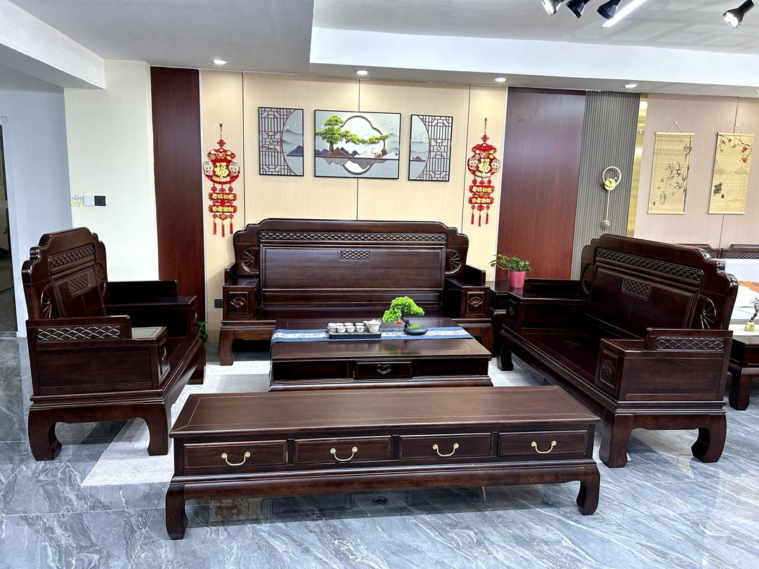 实木沙发客厅家用菠萝格古典仿古两用大户型别墅雕花木质沙发