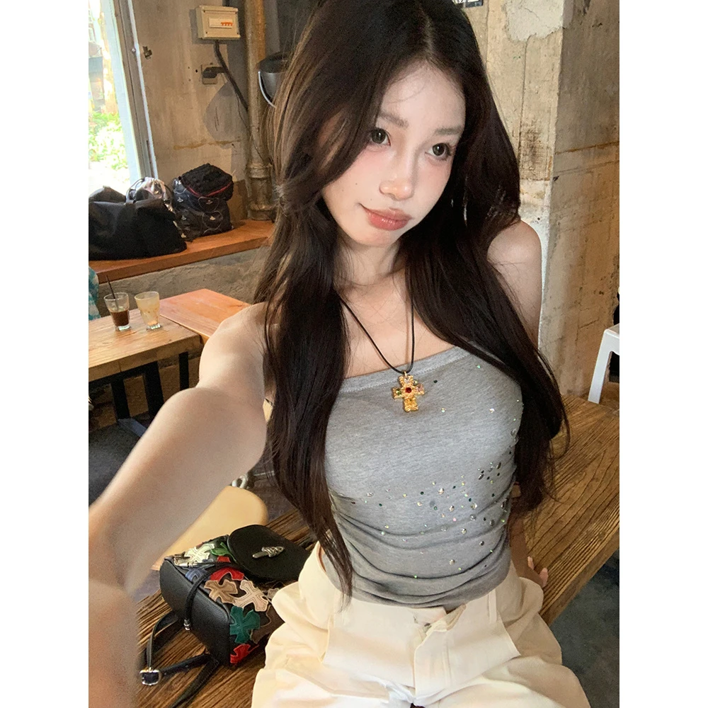 夏季辣妹纯欲小众吊带灰色抹胸气质小个子性感背心修身紧身短上衣