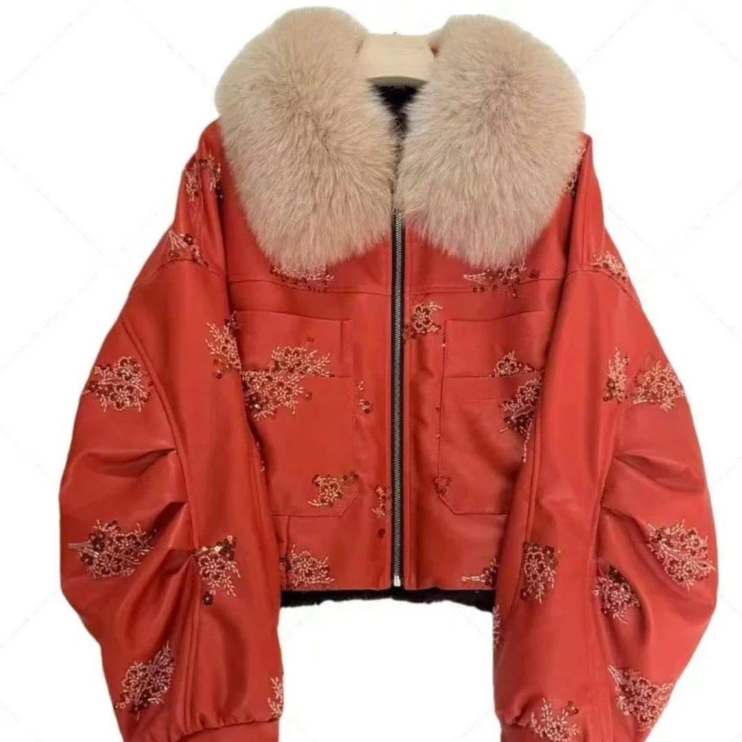 轻奢领拼接外套女冬季宽松型厚款休闲风保暖短款上衣P0438