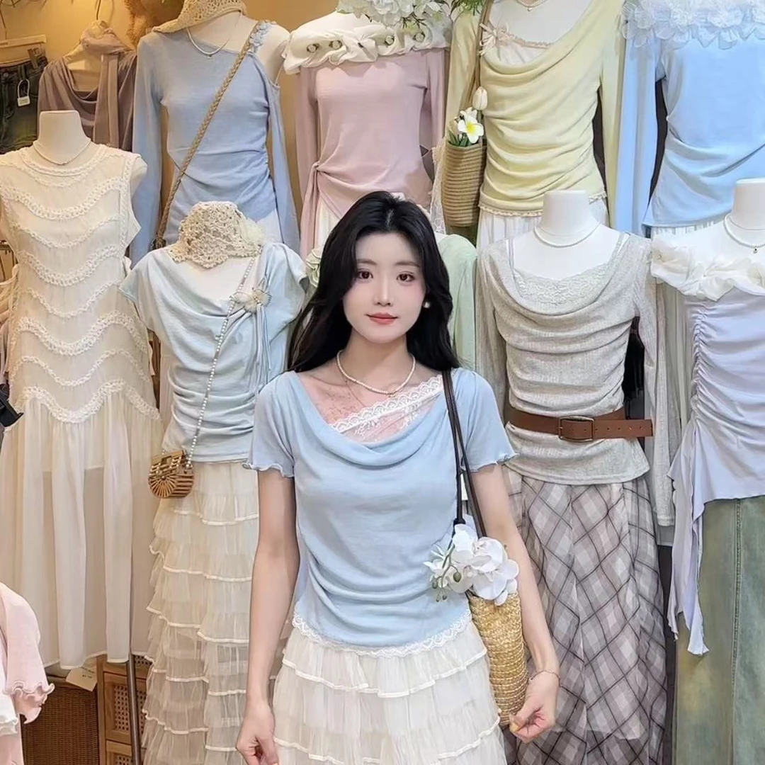 蕾丝拼接荡领假两件短袖T恤女夏季2025新款别致独特绝美显瘦上衣