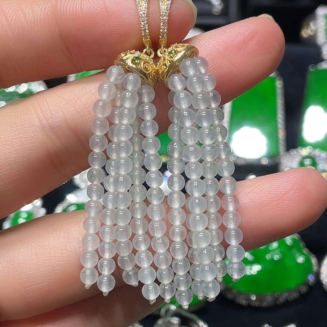 翡翠耳饰18K金镶嵌小米珠